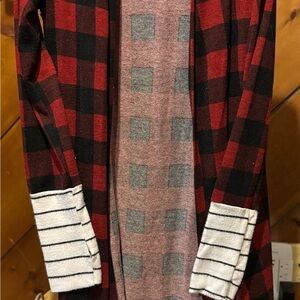Red and Black Plaid Cardigan with Striped Cuffs